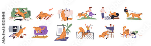 Dogs behavior problems set. Bad naughty aggressive hyperactive canine animals chewing, barking, whining, stealing food, pulling leash. Flat graphic vector illustrations isolated on white background