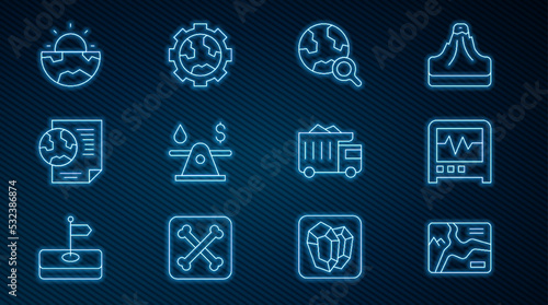 Set line Topographic map, Seismograph, Magnifying glass with globe, Oil money, Earth document, core structure crust, Mining dump truck and Gear wheels and earth icon. Vector