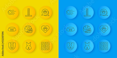 Set line Animal health insurance, Pet food bowl for cat or dog, World pet, Dog pill, Heart with animals footprint, toys ball, Paw and Cat scratching post icon. Vector