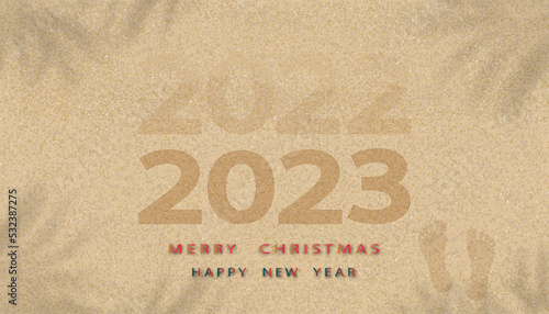 Merry Christmas,Happy New Year 2023 on Sandy Beach Texture background with Palm leaf shadow and Footprints,Vector illustration Backdrop Brown Beach sand dune with barefoot for New Year banner