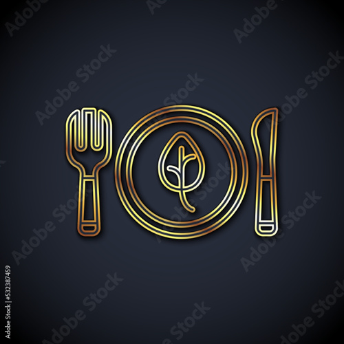 Gold line Vegan food diet icon isolated Gold line background. Organic, bio, eco symbol. Vegan, no meat, lactose free, healthy, fresh and nonviolent food. Vector