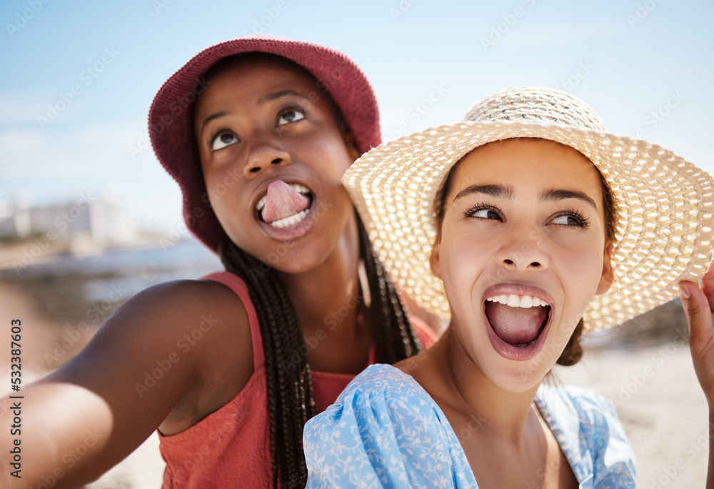 Women, fun and comic face selfie by beach, ocean and sea in Miami, Florida nature background. Friends, fashion tourist or students on summer travel location holiday with funny social media photograph