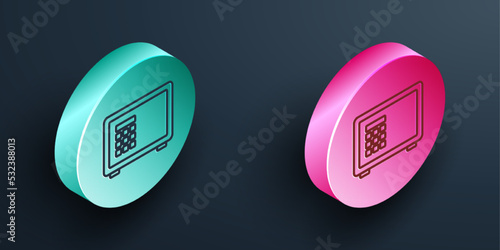 Isometric line Safe icon isolated on black background. The door safe a bank vault with a combination lock. Reliable Data Protection. Turquoise and pink circle button. Vector