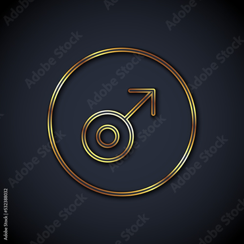 Gold line Mars symbol icon isolated on black background. Astrology, numerology, horoscope, astronomy. Vector