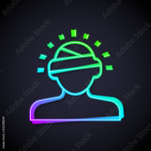 Glowing neon line Concussion, headache, dizziness, migraine icon isolated on black background. Vector