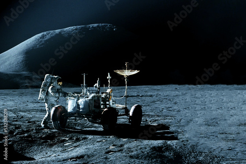 Fototapeta Naklejka Na Ścianę i Meble -  A lunar rover on the surface of the Moon. Elements of this image furnished by NASA
