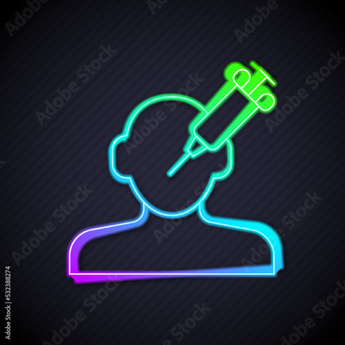 Glowing neon line Addiction to the drug icon isolated on black background. Heroin, narcotic, addiction, illegal. Sick junkie with a syringe and medical pills. Vector
