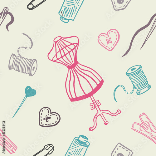 Cute cartoon Sewing tools seamless pattern. Zipper, needle and thread for fabric, textile