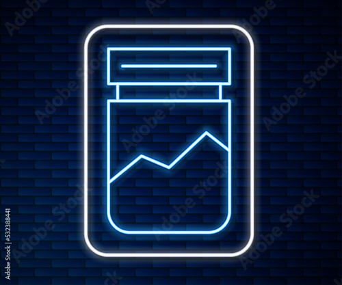 Glowing neon line Plastic bag of drug icon isolated on brick wall background. Health danger. Vector