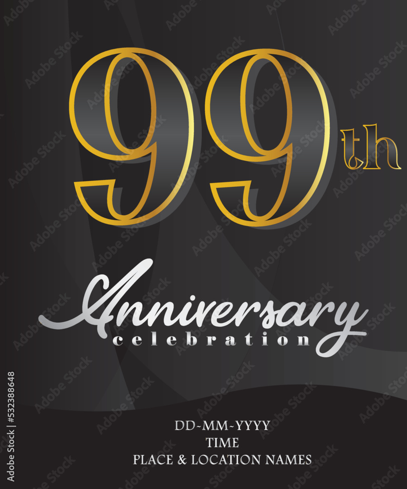 99th Anniversary Invitation and Greeting Card Design, Golden and Silver Coloured, Elegant Design, Isolated on Black Background. Vector illustration. 99th Anniversary Invitation and Greeting Card Design, Golden and Silver Coloured, Elegant Design, Isolated on Black Background. Vector illustration.