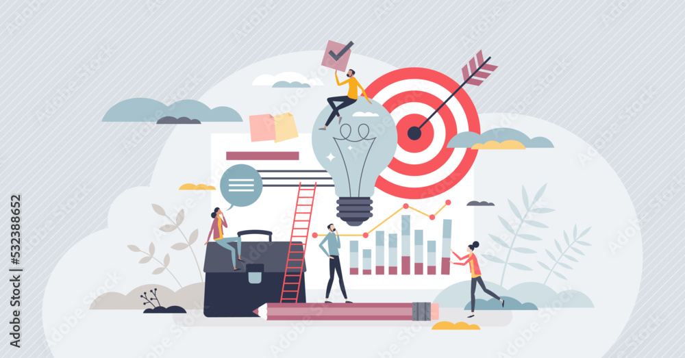 Business portfolio and statistics data about company tiny person concept. Information summary about experience, skills, previous jobs and corporate analysis report vector illustration. Work briefcase. - obrazy, fototapety, plakaty 