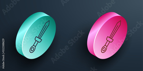 Isometric line Medieval sword icon isolated on black background. Medieval weapon. Turquoise and pink circle button. Vector