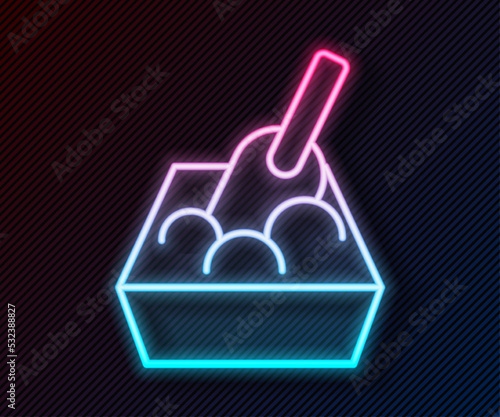 Glowing neon line Cat litter tray with shovel icon isolated on black background. Sandbox cat with shovel. Vector