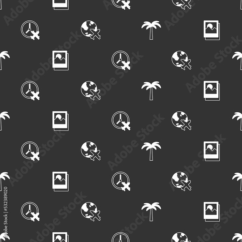 Set Tropical palm tree, Photo, Clock with airplane and Globe flying on seamless pattern. Vector