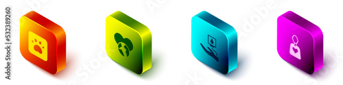 Set Isometric Paw print, The heart world - love, Blood donation and Volunteer icon. Vector