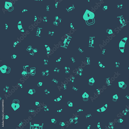 Set French cafe, Castle in the shape of heart, Scooter and Croissant on seamless pattern. Vector