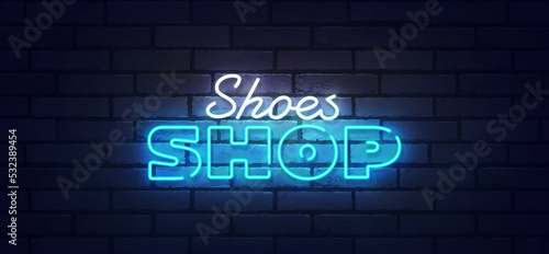 Shoes shop neon sign, bright signboard, light banner. Shoe bag label neon, emblem. Vector illustration