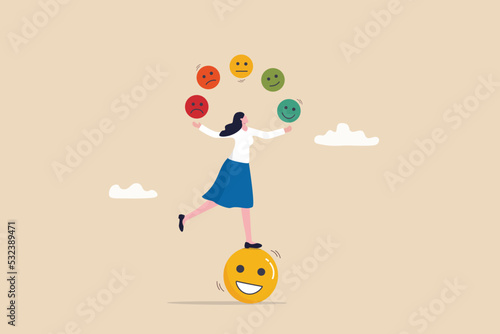 Emotional intelligence, control feeling or emotion, psychology to be success or balance of anxiety and happiness concept, cheerful woman balance on smiling face juggling expression emotional faces.