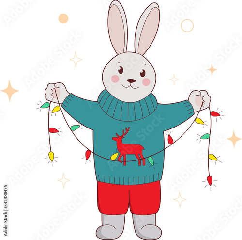 Bunny in sweater holding Christmas garland