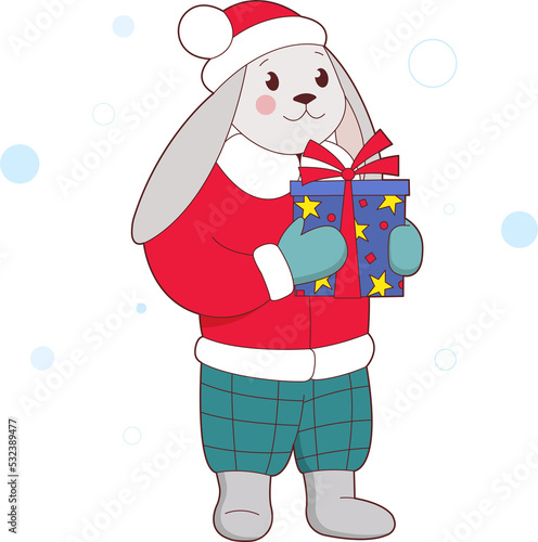 Bunny in winter clothes holding Christmas gift box