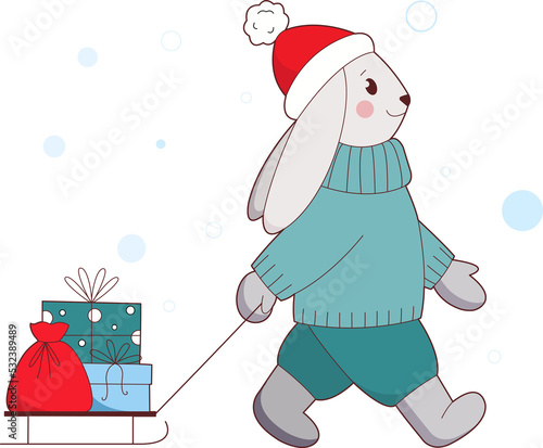 Rabbit with sled and Christmas gifts