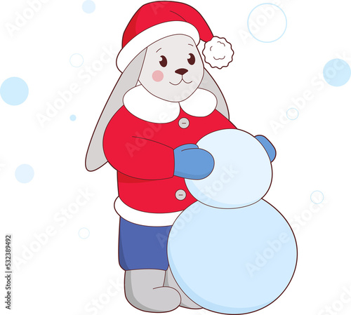 Llittle rabbit in red hat is making snowman
