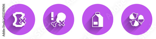 Set No leather, chicken leg, Paper package for milk and Acorn icon with long shadow. Vector