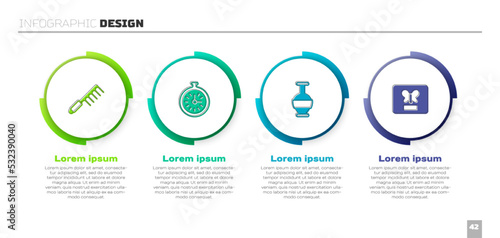 Set Hairbrush, Pocket watch, Ancient amphorae and Butterfly in frame. Business infographic template. Vector