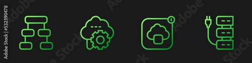 Set line Cloud technology data transfer, Hierarchy organogram chart, and Server. Gradient color icons. Vector