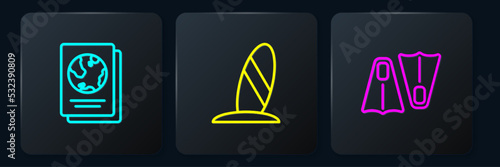 Set line Passport, Rubber flippers for swimming and Surfboard. Black square button. Vector