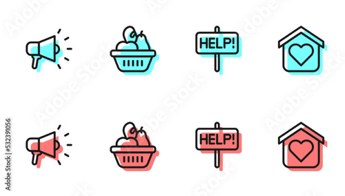 Set line Help sign, Megaphone, Donation food box and Shelter for homeless icon. Vector