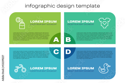 Set line Bicycle for kids, Breast pump, Rubber duck and Baby clothes. Business infographic template. Vector