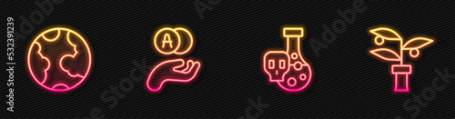 Set line Test tube with toxic liquid, Earth globe, Atom and Plant breeding. Glowing neon icon. Vector