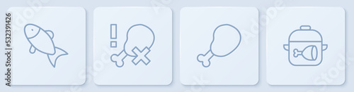 Set line Fish, Chicken leg, No chicken and Cooking pot and. White square button. Vector