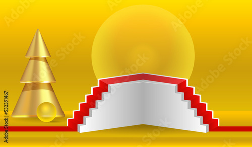 Podium, geometric shapes and golden spruce on a yellow background.
An empty space for your design. 3d image.
