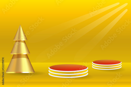 Podium, geometric shapes and golden spruce on a yellow background.
An empty space for your design. 3d image.