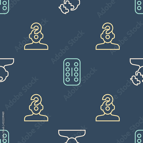 Set line Solution problem in psychology, Human with question mark and Sedative pills on seamless pattern. Vector