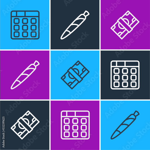 Set line Drum machine music, Stacks paper money cash and Marijuana joint, spliff icon. Vector