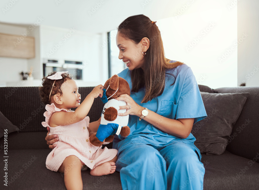 Pediatrician doctor consulting kid, teddy bear and happy healthcare