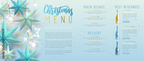 Christmas holiday restaurant menu design with 3D Christmas stars and champagne bottles. Vector illustration