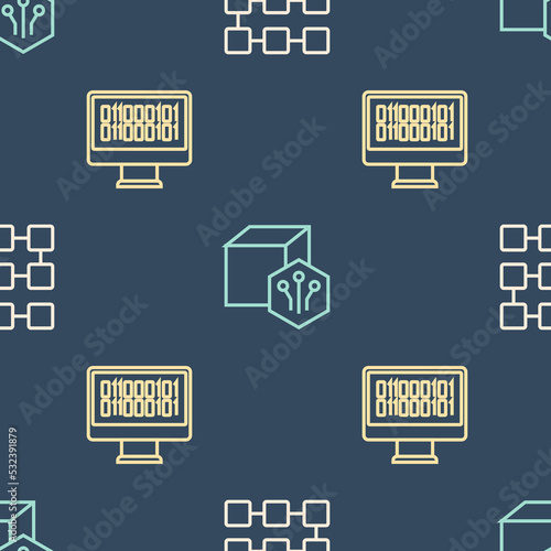 Set line NFT blockchain technology, Binary code and Digital crypto art on seamless pattern. Vector