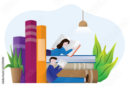 people reading or students studying and preparing for examination. Flat cartoon vector illustration.