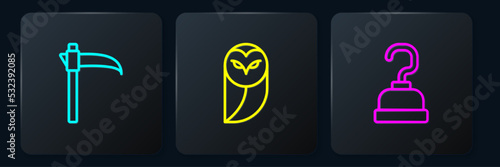Set line Scythe, Pirate hook and Owl. Black square button. Vector
