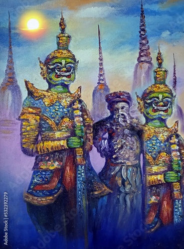 art oil painting Grand Palace bangkok Thailand , giant Ramayana story