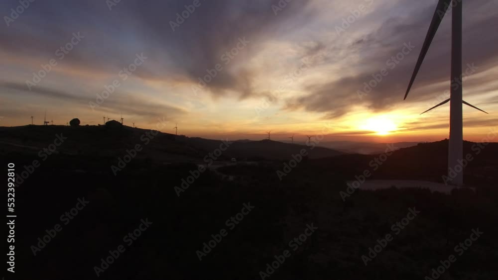 Power Wind Station in the Mountains at Sunset. Alternative Energy. Fafe, Portugal Aerial View 4k Power Wind Station in the Mountains at Sunset. Alternative Energy. Fafe, Portugal Aerial View 4k