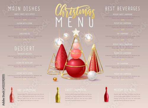 Christmas holiday restaurant menu design with realistic 3D plastic Christmas trees and champagne bottles. Vector illustration
