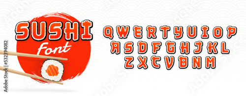 Sushi font. Letters in the form sushi, rolls. Font for sushi bar. Alphabet Japanese style. Salmon texture. Vector Illustration