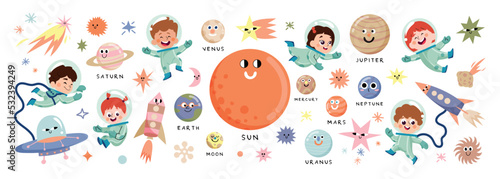 Set of cute universe planet element vector. Solar system with Sun, Mercury, Venus, Earth, Moon, Earth, Mars, Jupiter, Saturn, Uranus, Neptune and astronaut. Adorable space set for kids, education.