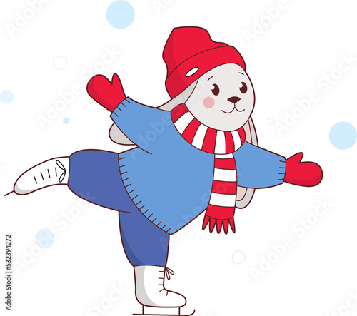 Rabbit in winter clothes skating on ice