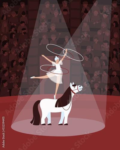 Spectators watch the performance of an acrobat girl on horseback. An acrobat on a horse performs a trick with hoops under spotlights. Flat vector illustration.